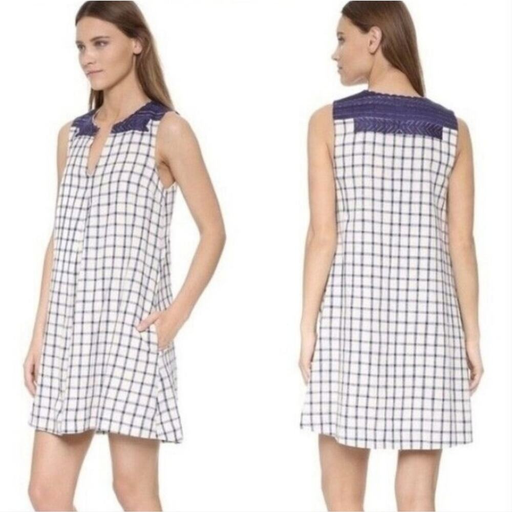 XXS Madewell linen blend embroidered dress, cream and navy blue plaid